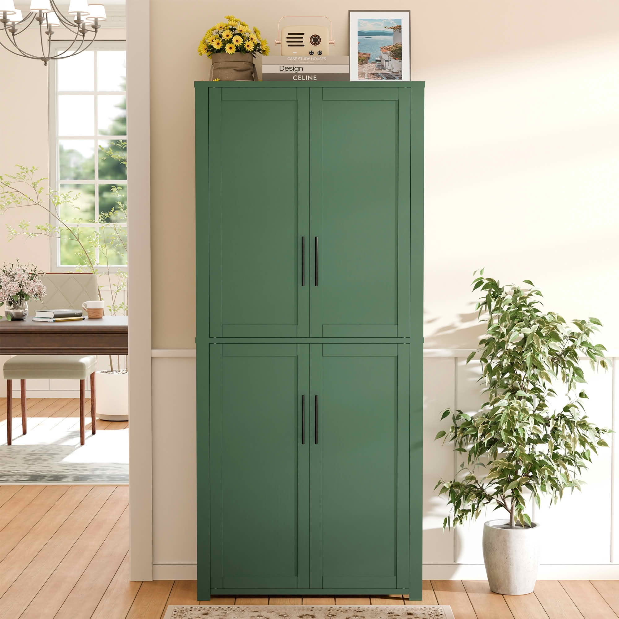 MAYEERTY 67x28x15 Inch Green Wood Grain 4-Door Storage Cabinet with Solid Wood Door
