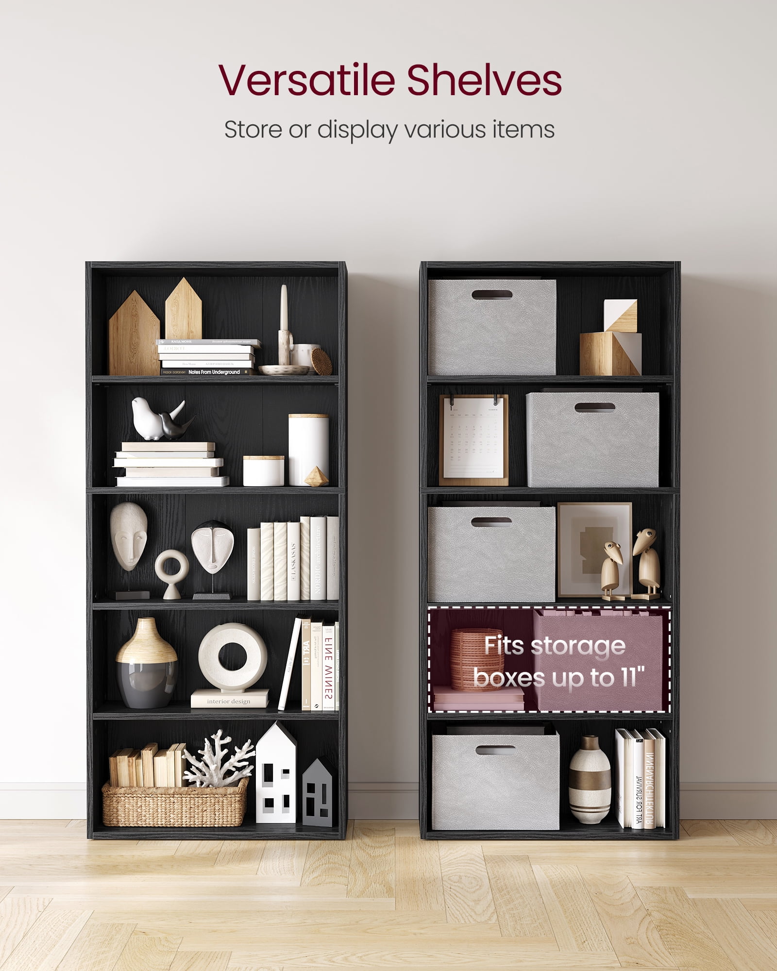 5 Tier Open Modern Standard Bookcase, Particleboard Black, 52.7"