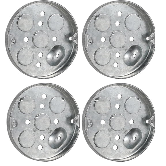 Four 4" Ceiling Electrical Box Galvanized Steel,Pancake Box for Ceiling Fan and Wall Lighting Fixtures,Drawn Construction,1/2" Deep, 4 * 1/2" Bottom Knockouts,Raised Ground