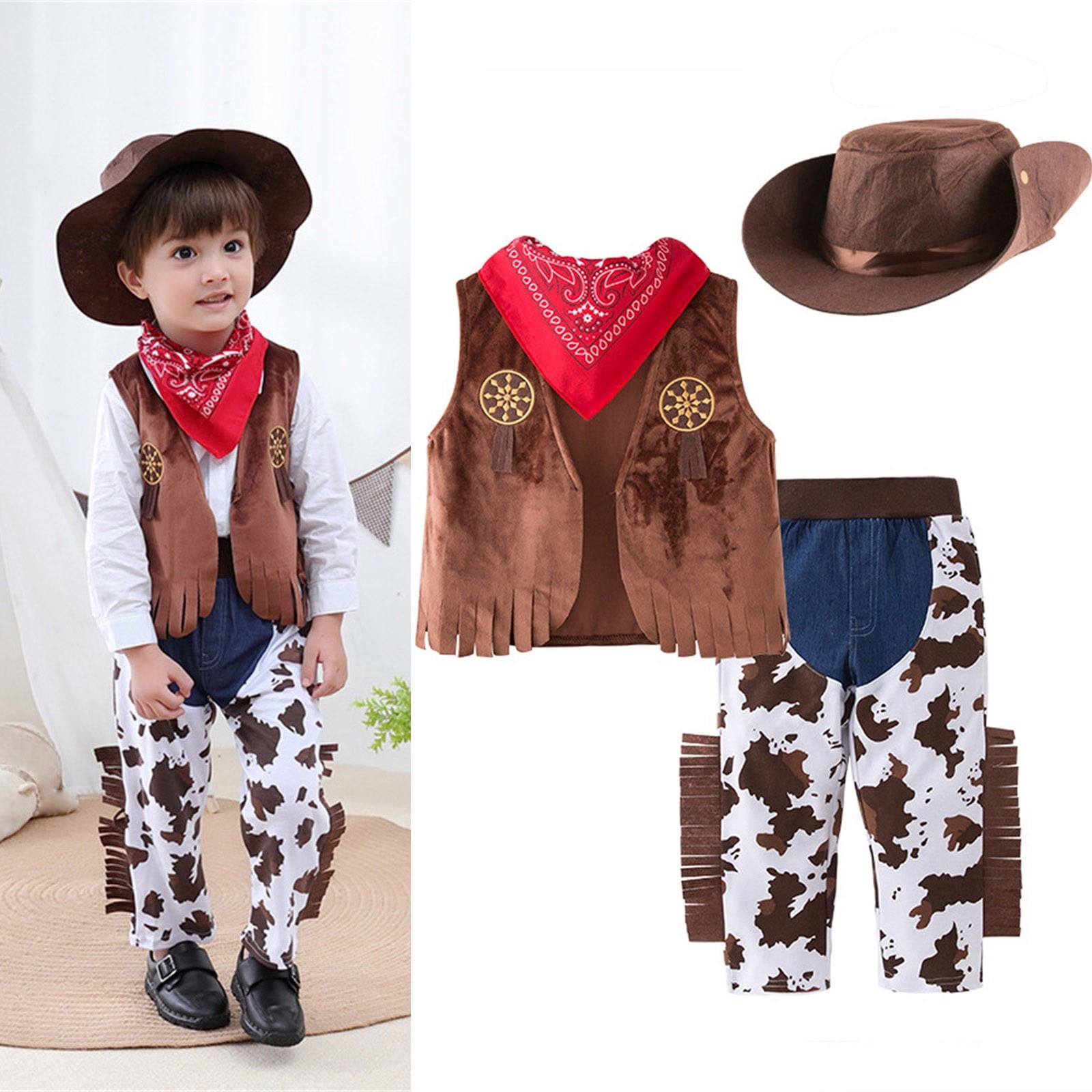 Aocisk Boys Outfits&Set Kids Toddler Baby Boys Sleeveless Western Cowboy Vest Hat Scarf Pants 4pcs Set Halloween Party Dress Up Coffee 8-9 Years
