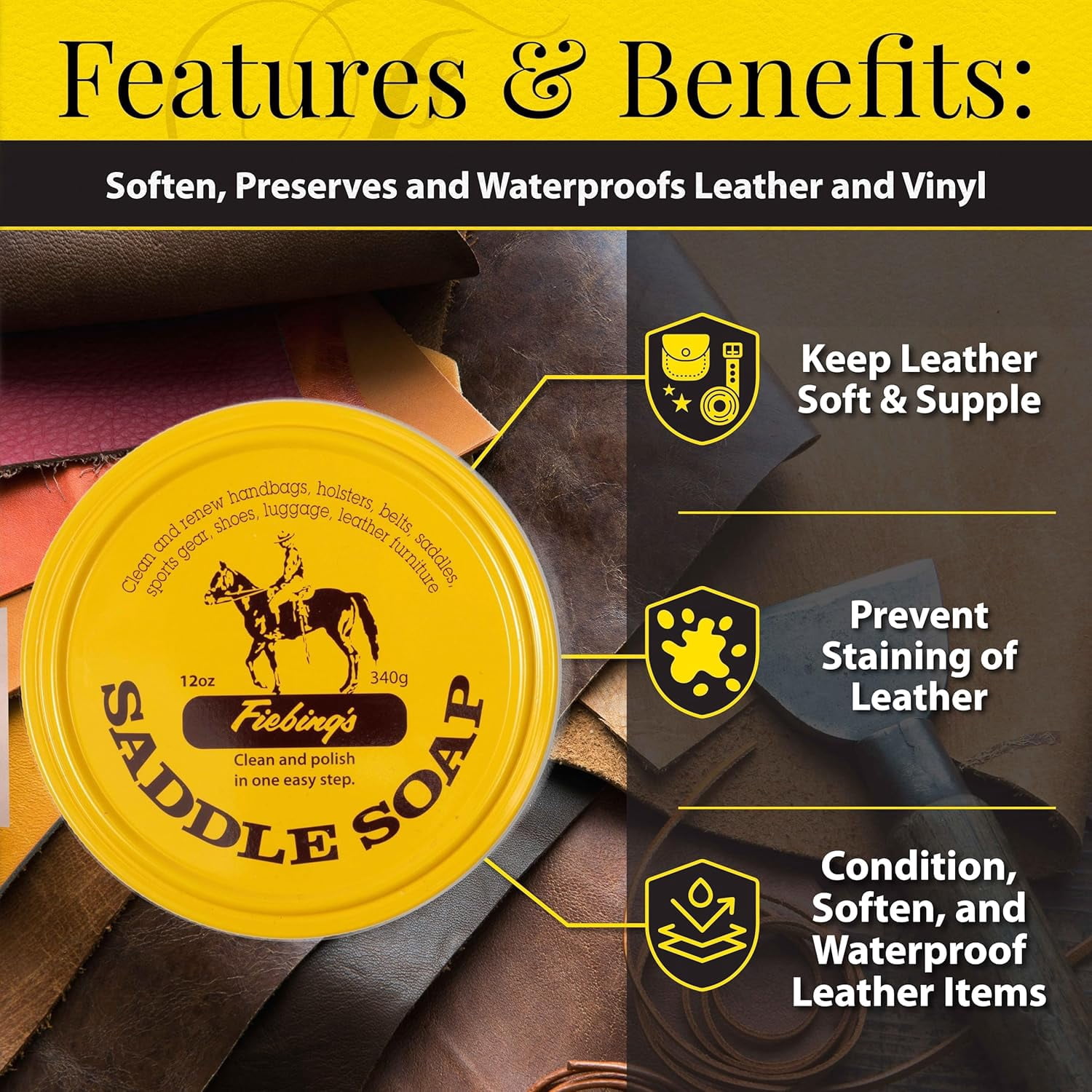 Fiebing's Yellow Saddle Soap for Leather (6 Pack, 12 oz Each) - Leather Cleaner & Conditioner to Soften, Protect & Restore Leathercraft - Leather Soap for Car Seat, Couch, Shoe, Purse, Boot, Bag