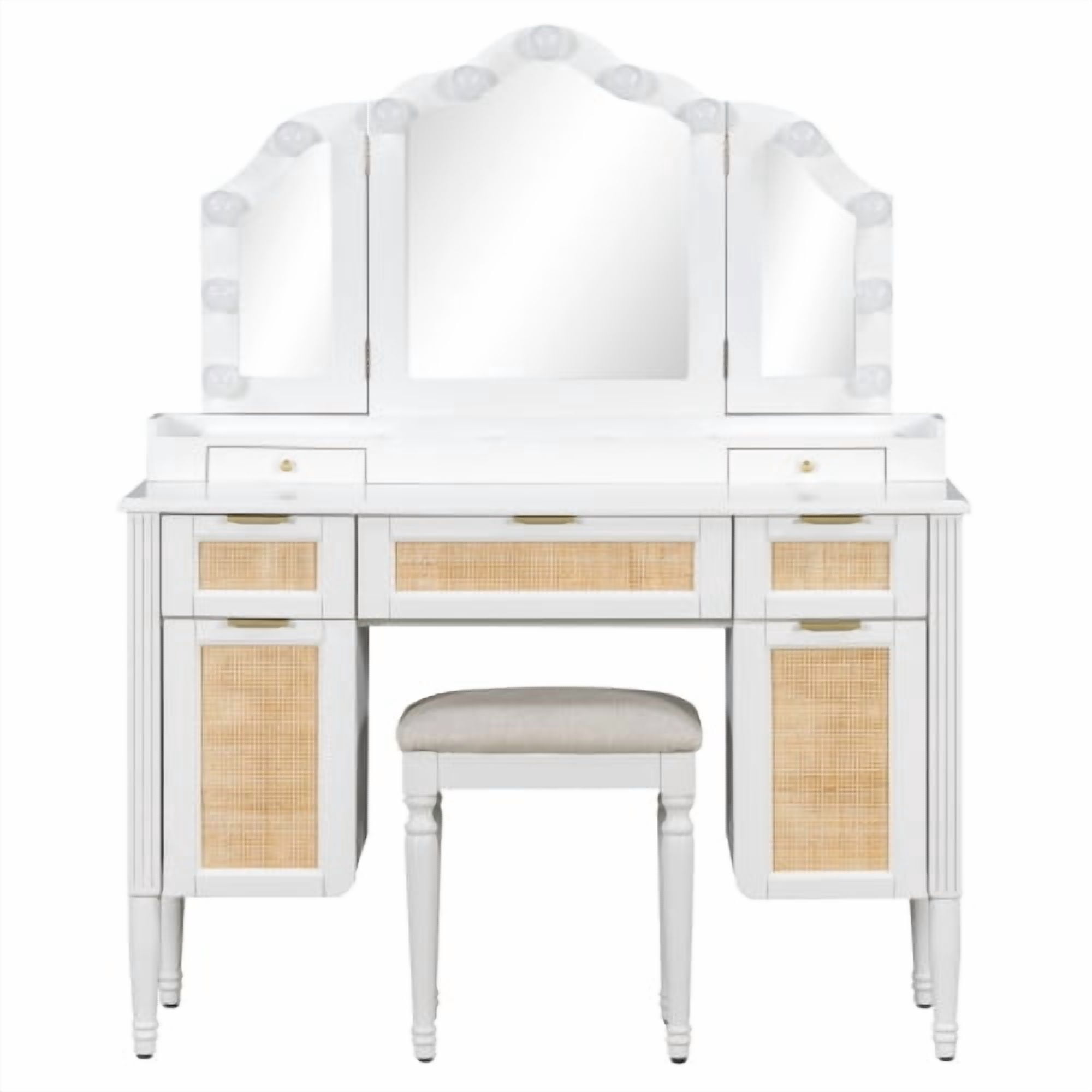 44.37" White Makeup Vanity Desk Set with Lighted Tri-Fold Mirror & Stool, 13 Bulbs, 3 Color Lighting Modes, Charging Station, Ample Storage