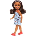 thumbnail image 4 of Barbie Chelsea Doll, Small Doll Wearing Removable Blue Dress with Colorful Print & Pink Shoes, Brown Hair & Green Eyes, 4 of 5