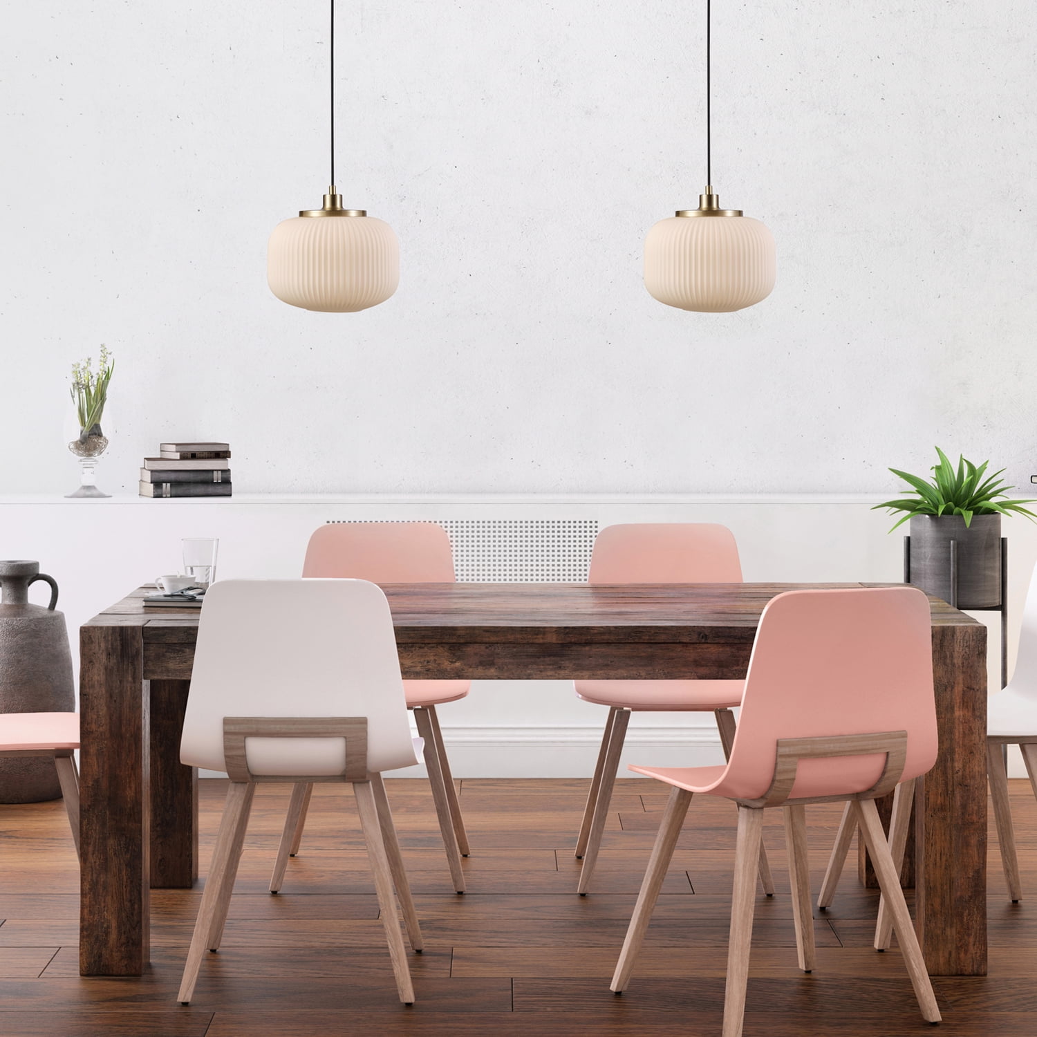 Novogratz x Globe Lily 1-Light Matte Brass Pendant Lighting with Frosted Ribbed Glass Shade