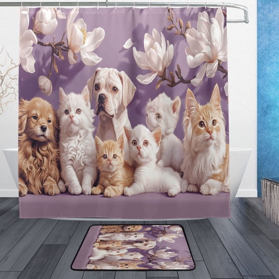 BZSMCE Shower Curtain and Bath Accessory Set,Cats and Dogs Among Flowers Pattern