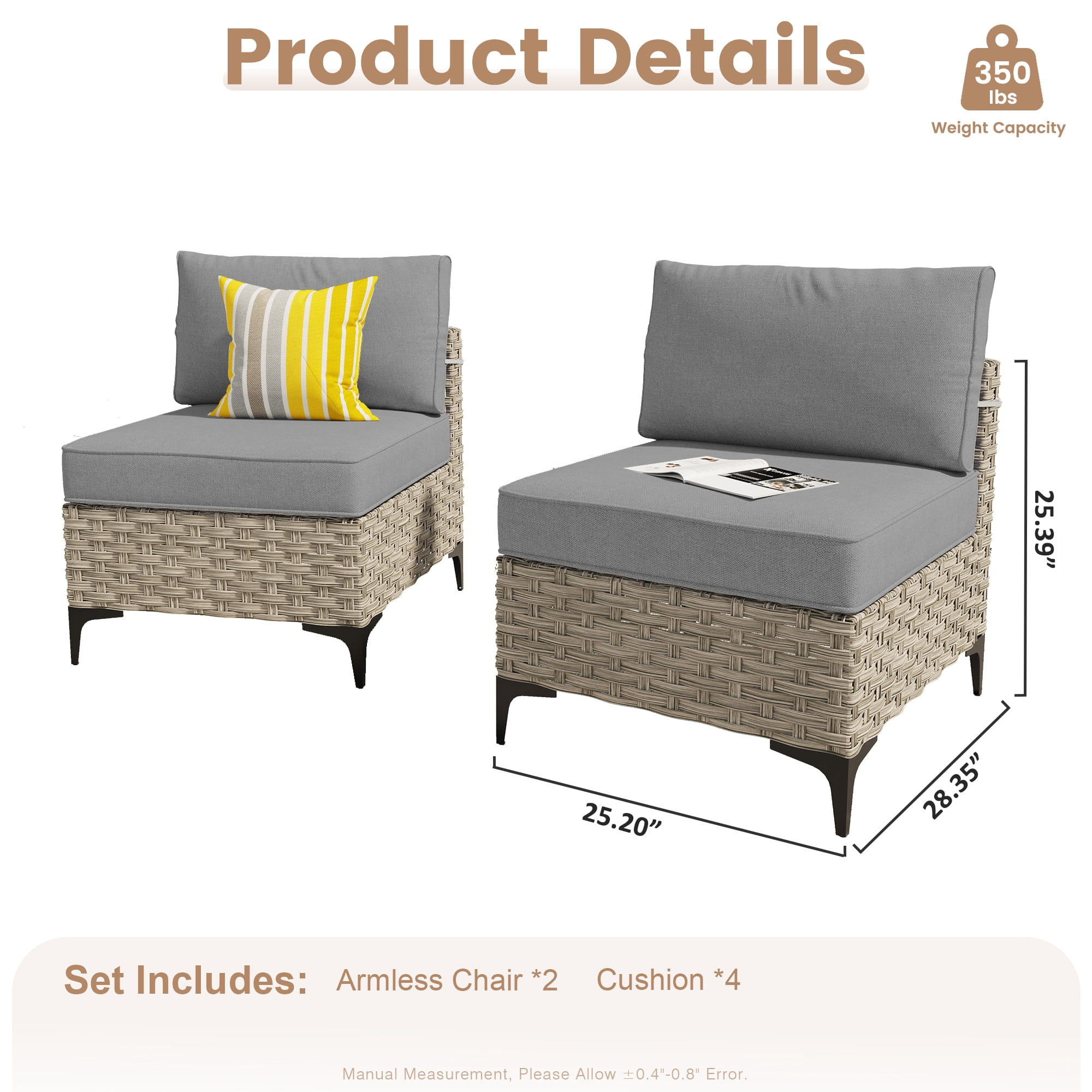 Ovios 2 Pieces Outdoor Patio Conversation Furniture Set Cushioned PE Rattan Wicker Chairs Set