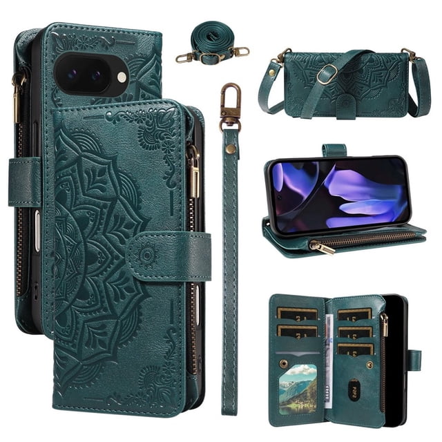 For Google Pixel 9a Wallet Case, 9 Card Slots RFID Blocking Crossbody Leather Cover, Zipper Pocket, Detachable Wrist & Shoulder Strap, Magnetic Shockproof Protective Phone Case for Women,Green