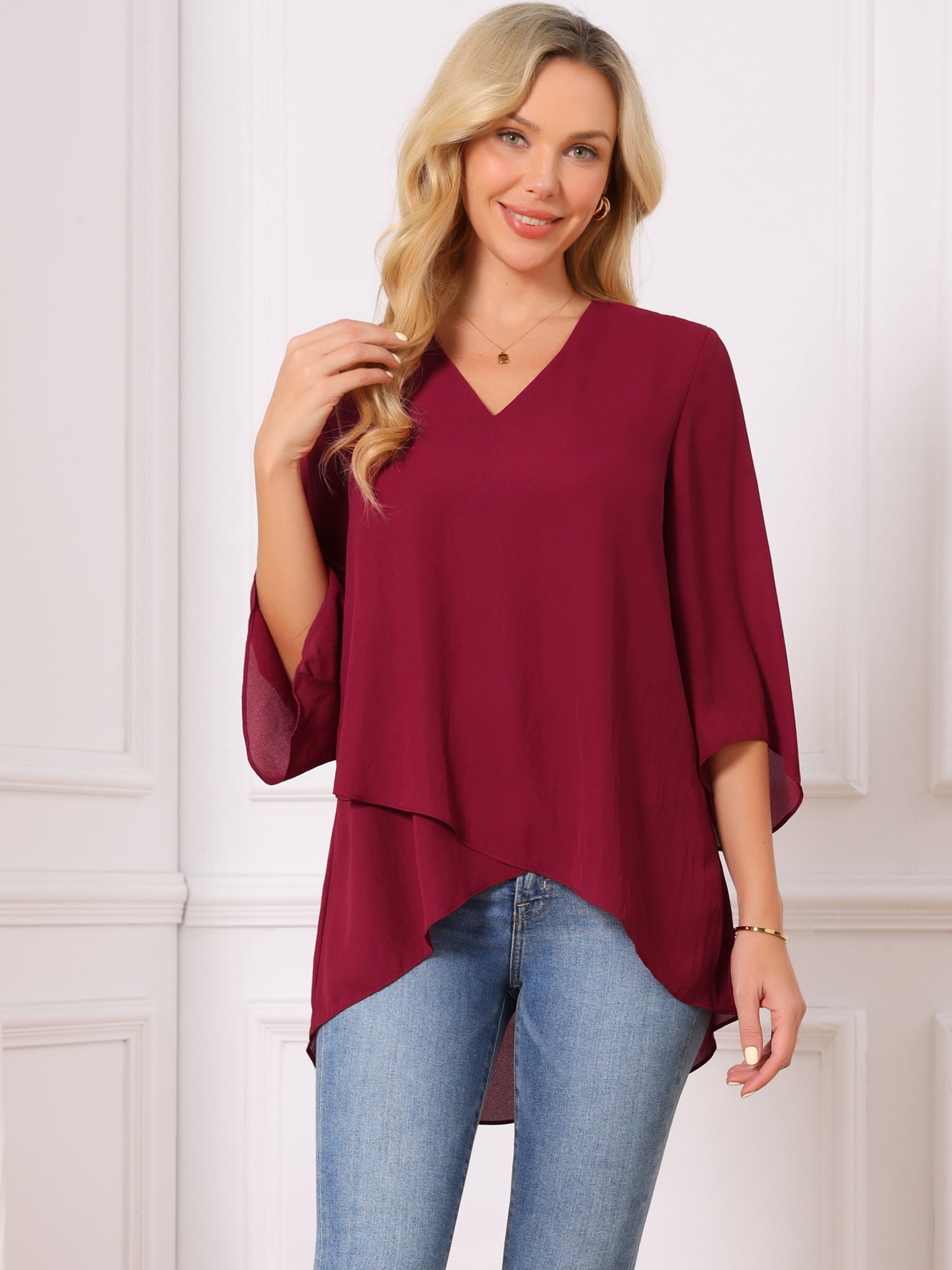 DARING DIVA Women's High Low Tops 3/4 Bell Sleeve V Neck Chiffon Blouse M Wine Red