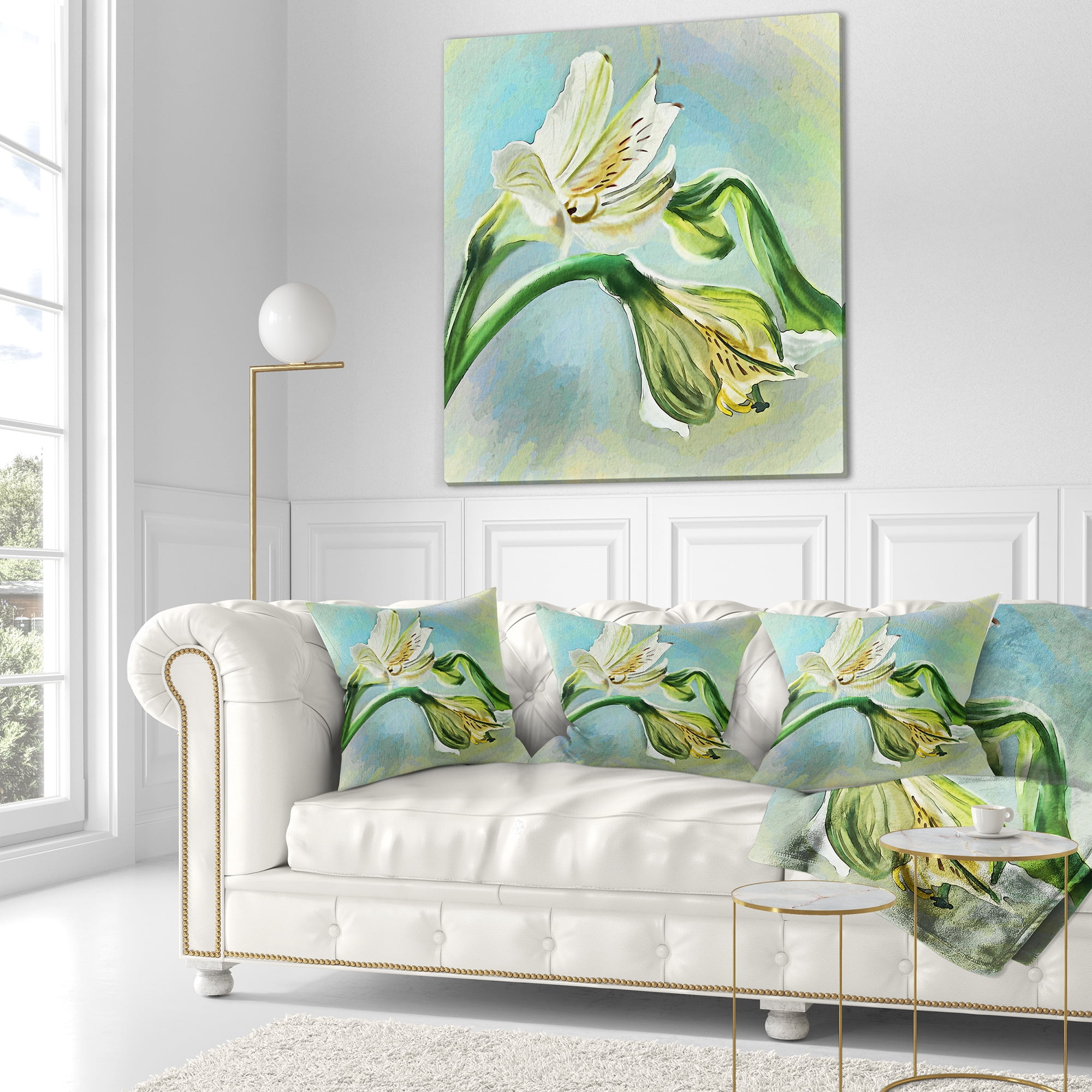 Designart White Lily Flower Sketch Watercolor - Floral Throw Pillow - 18x18
