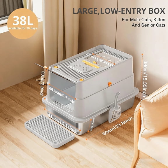 Enclosed Stainless Steel Cat Litter Box with Lid, XL Extra Large Litter Box for Big Cats, Metal Litter Pan High Sided, Never Absorbs Odors, Anti-Urine Leakage, Easy Cleaning, Include Scoop