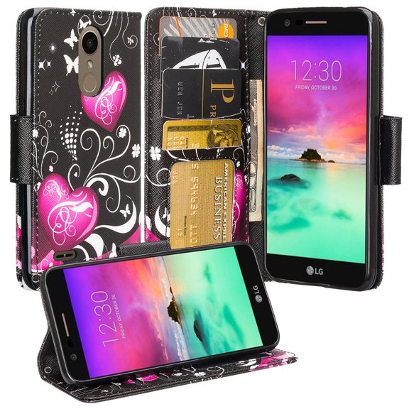 SOGA Cover for Phone Compatible Model LG K10 2018 Case, PU Leather Magnetic Flip Wallet Cover for LG K10 2018 release / K10  2018 / K10A / K30 - Black Heart