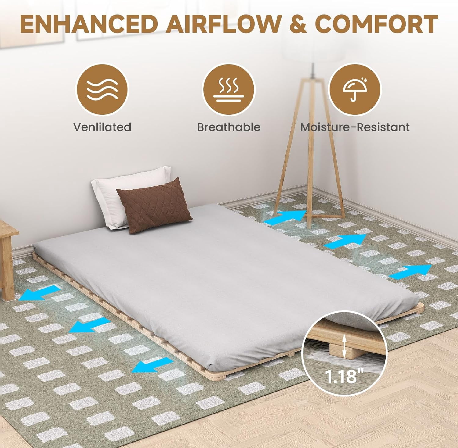 ABORON Floor Bed Frame, Folding Tatami Futon Frame, Breathable Moisture-Proof Bed Plate, Solid Wood Slat Floor Bed Frame, Japanese Floor Tatami Bed for Floor Sleeping or Futon Mattress, Full Size