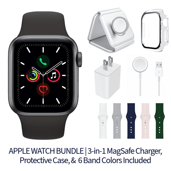 Restored Apple Watch Series 5 Bundle - 44mm GPS + Cellular Space Gray (2019) - 3-in-1 MagSafe Charger, Protective Case & 6 Bands Included (Refurbished)