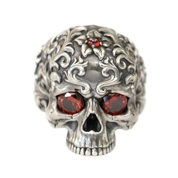 Red CZ Eyes 925 Sterling Silver Tang Dynasty Engraving Pattern Skull Punk Ring TA439 US Size 10