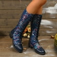 thumbnail image 4 of Vintage Embroidered Mid Calf Combat Boots for Women 2025 Retro Leather Low Heel Knee High Tall Dress Boots Blue Size 8.5, 4 of 7