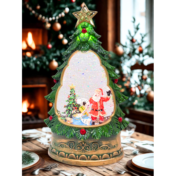 Musical Christmas Tree Snow Globe Lantern, Lighted Santa & Reindeer Scene, Rotating Water Snow, 5 Holiday Songs, USB Plug-In or Battery Operated Christmas Decoration-Tree