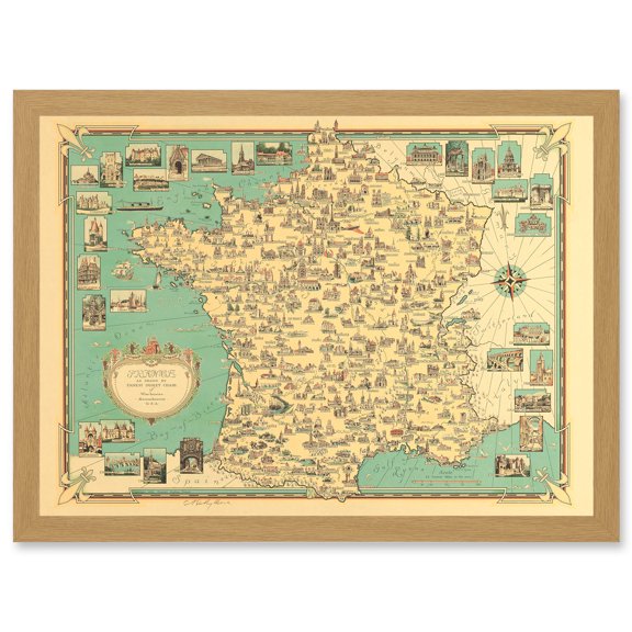 Chase 1935 Pictorial Map France Historic Monuments Buildings Artwork Framed Wall Art Print A4
