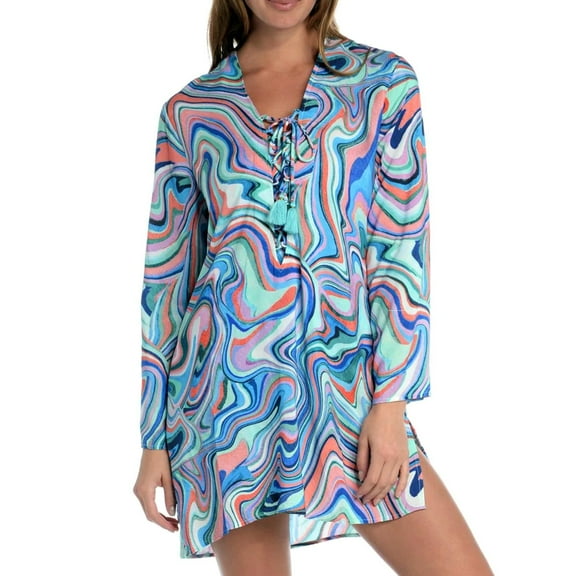 La Blanca Women's Swirl Print Long Sleeves Lace Up Beach Pool Tunic-Blue / S