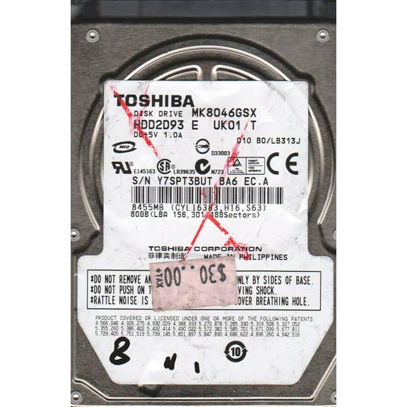 MK8046GSX, B0/LB313J, HDD2D93 E UK01 T, Toshiba 80GB SATA 2.5 Hard Drive