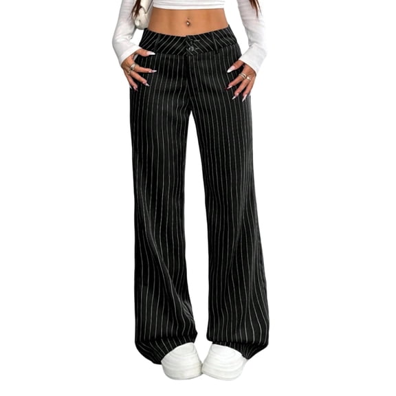 Ahabrexf Wide Leg Pants for Women, Lengthwise Pinstripe Button Waist Straight Wide-Leg Pants Casual Work Trousers for Daily Wear