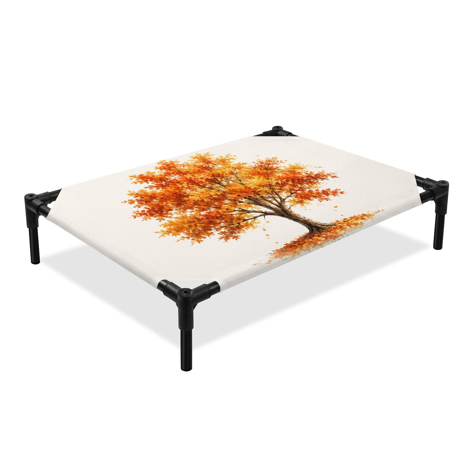 Orange Tree Elevated Dog Bed Fall Leaf Tree Trunk Rustic Beige Background Cooling Breathable Outdoor Raised Dog Cot Bed with Metal Frame Non-Slip Feet for Large Dog 28x22in