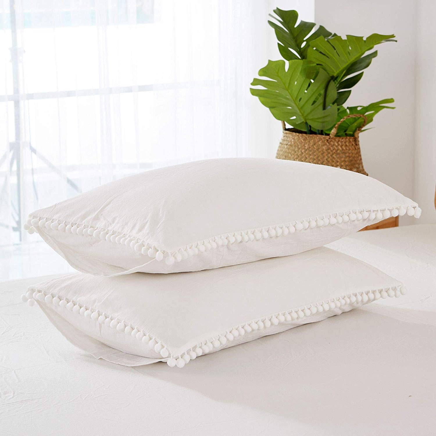 MarCielo Cotton Duvet Cover Set 3 Piece 100% Washed Cotton Duvet Cover 1 Duvet Cover + 2 Pillowcases Pompom (White, King(104x90)