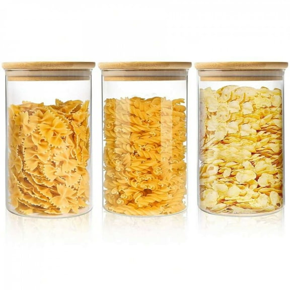 3pcs Glass Storage Jars With Bamboo Lids - Airtight, Reusable, Dishwasher Containers For Pasta