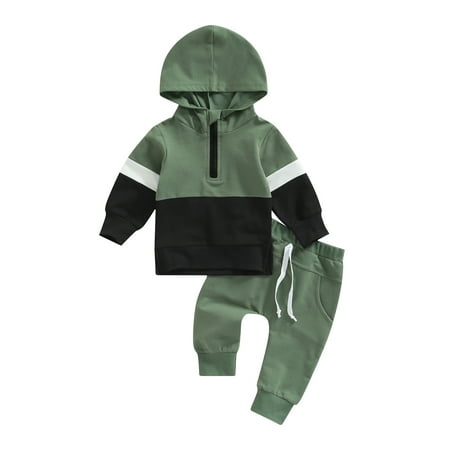 

Calsunbaby 2Pcs Infant Boys Girls Pants Sets Contrast Color Long Sleeve Hooded Sweatshirt + Trousers with Pocket Green 6-12 Months