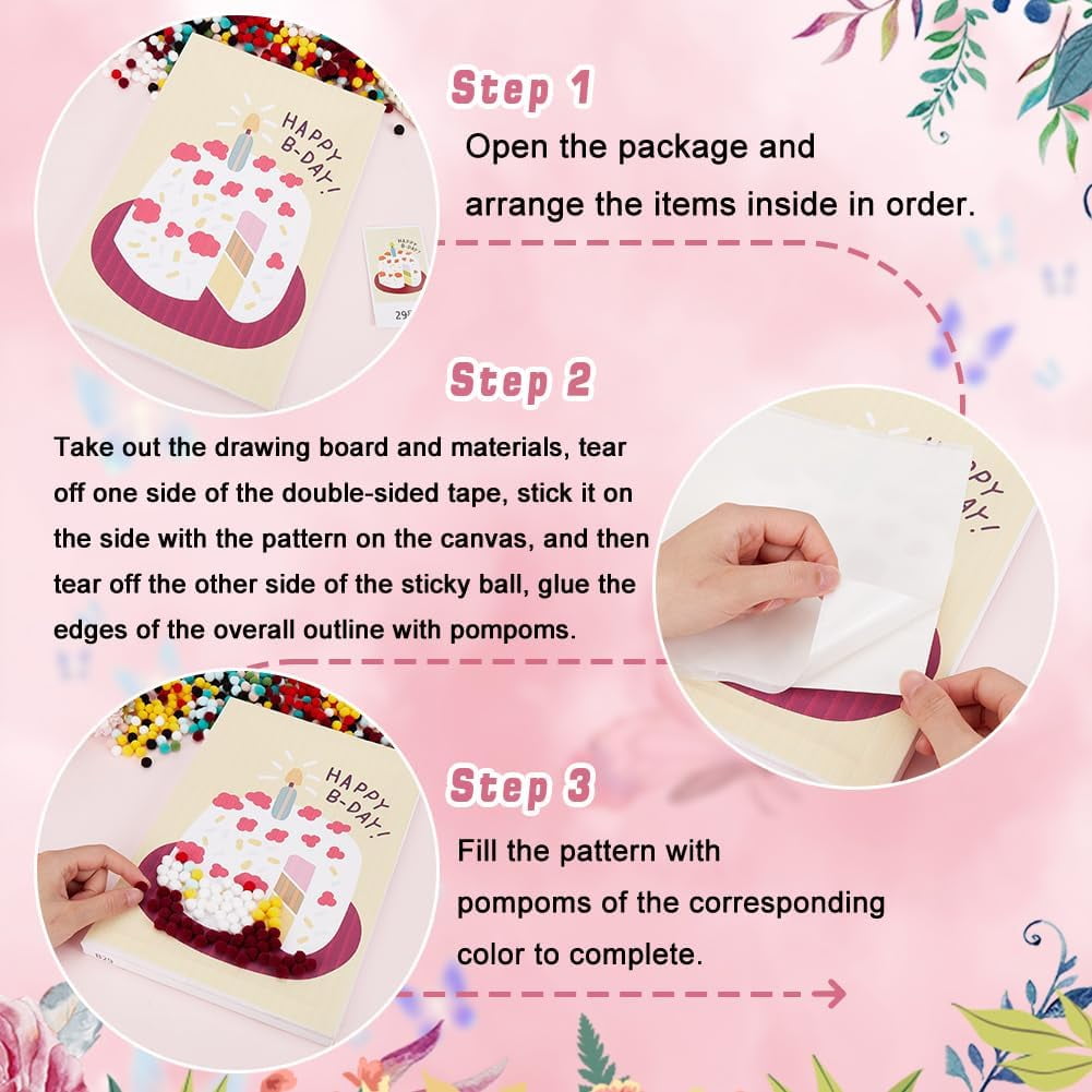 Pom Pom Painting Art Colorful Small Fluffy Balls Birthday Cake Drawing Board Pom Pom Pictures Craft with Wood Easels Photo Frame Pompoms Art Kit