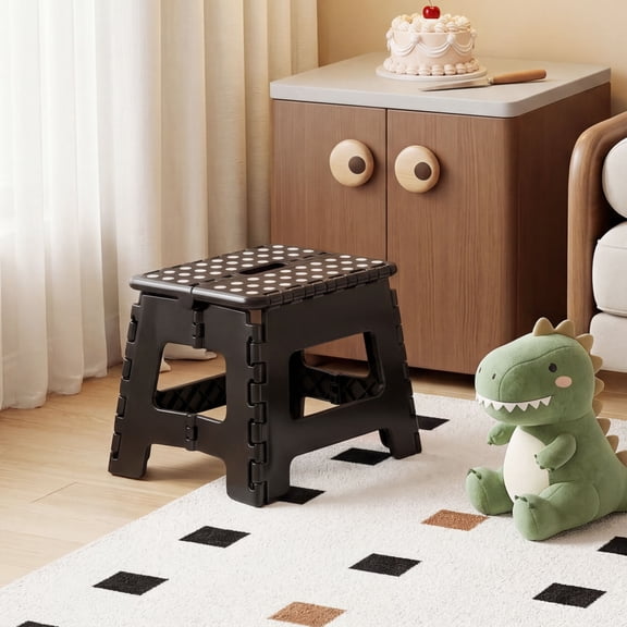 JONPONY Folding Step Stool 9 Inch - Holds 300 lbs, Non-Slip Surface & Carry Handle Compact Foldable Foot Stool for Adults, Bathroom, Bedroom,Black