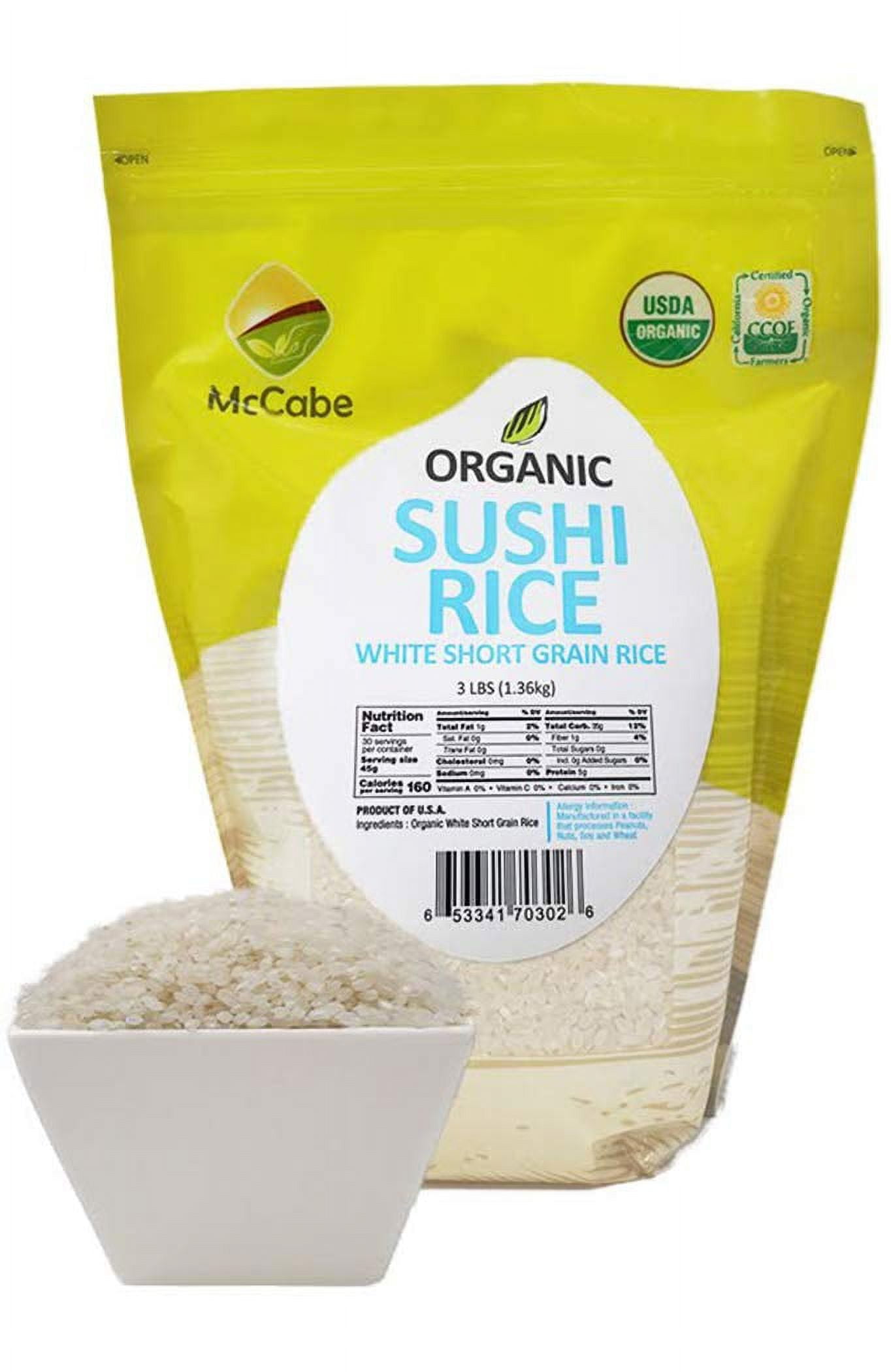 McCabe Organic Short Grain White Sushi Rice - 3Lbs | USDA and CCOF Certified Sticky White Rice | Product of USA