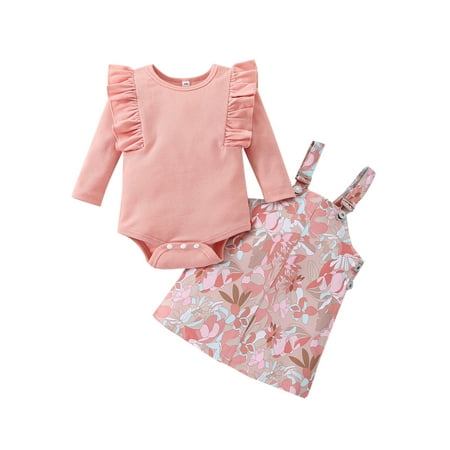 

ZAXARRA Infant Baby Girl Clothes Set Solid Long Sleeve Crew Neck Ruffle Romper + Leopard Overall Suspender Skirt