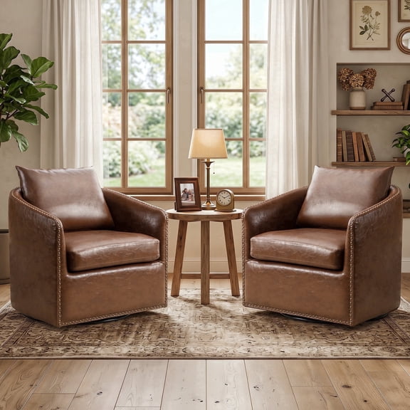Bonzy Home 360° Swivel Accent Chair Set of 2 with Throw Pillow, PU Leather Mid Century Modern Armchair with Rivets, Comfy Swivel Barrel Chair for Living Room Bedroom, Brown