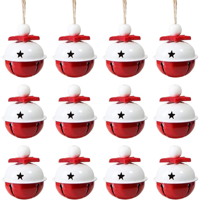 12 cascabeles gigantes de metal para decoración de árboles de Navidad, cascabeles de metal multicolor, rojos y blancos, 4 x 4 cm