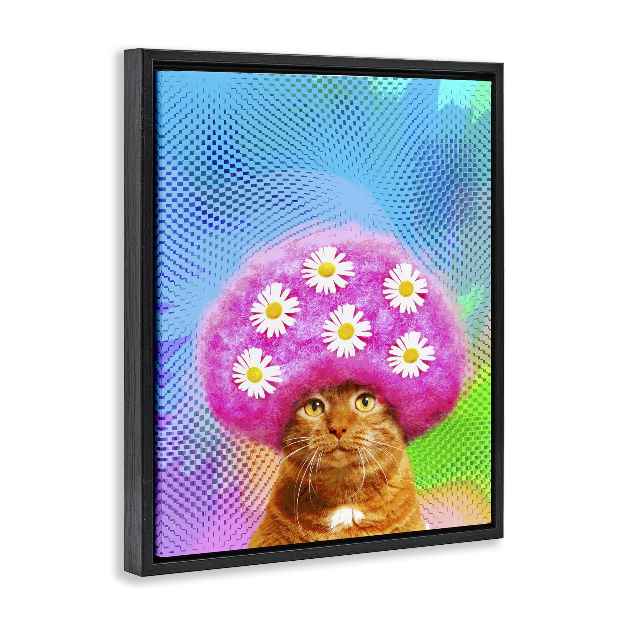 Stupell Industries Groovy Daisy Wig Cat Novelty & Humor Painting Black Floater Framed Canvas Art Print Wall Art, 25 x 31