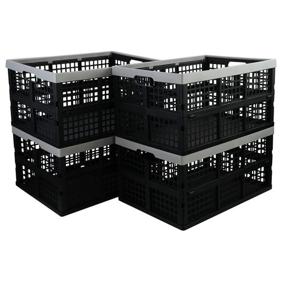 Folding Storage Crates 4 Pack, 42 Liter Plastic Stackable Collapsible Crate - 19.6x13.7x10.2in - Durable Home, Office, Picnic & Pet Organization Black