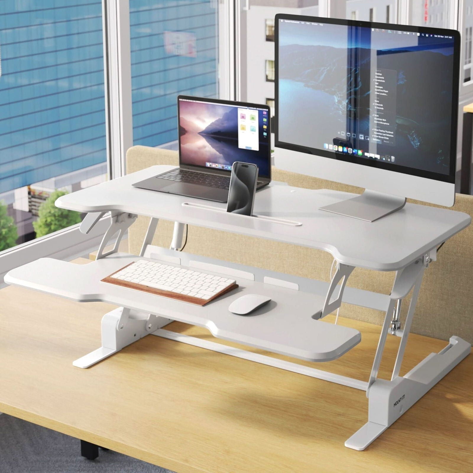 Mount-It! 38'' Standing Desk Converter – Height Adjustable Sit Stand Riser with Dual Monitor Space, Keyboard Tray & Device Slot – Gas Spring Lift, MDF Desktop, White
