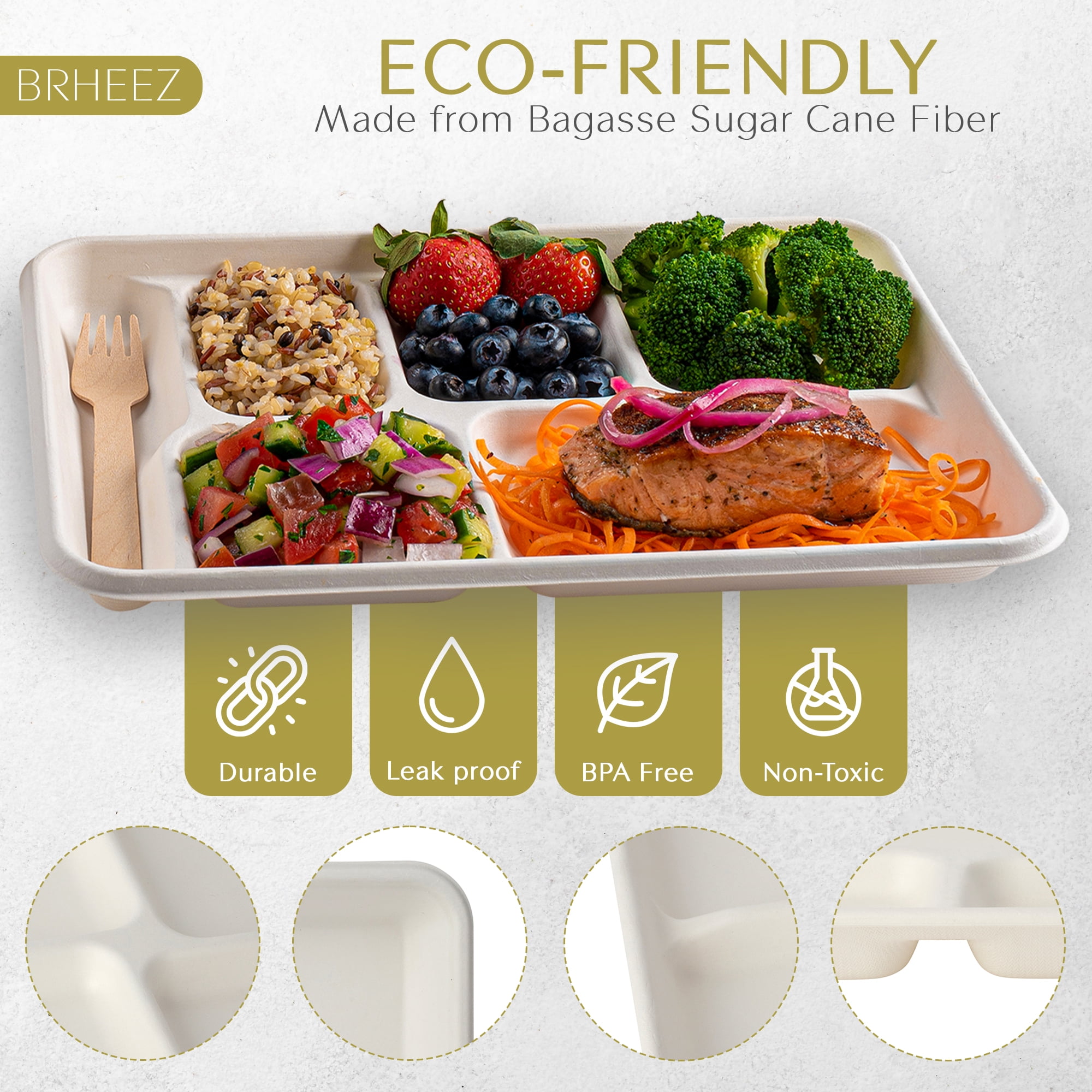 [50 Pack] 5-Compartment Sugarcane Fiber Disposable Tray - 100% Compostable American Tray, Serving Tray, Cafeteria Tray, Biodegradable, Eco Friendly