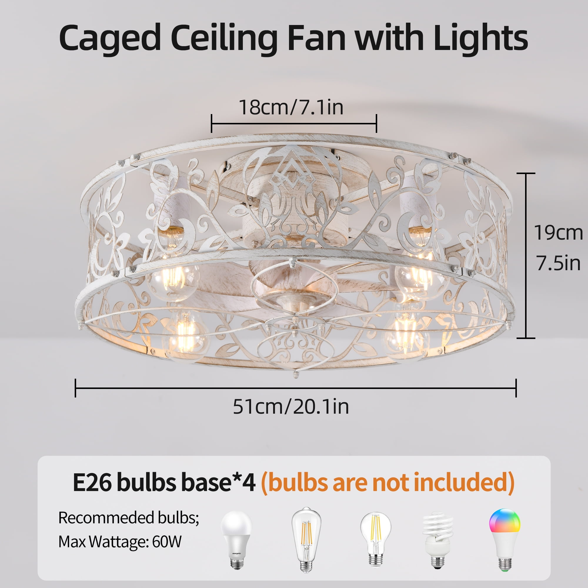 Garwarm 20in. Distressed White Caged Farmhouse Ceiling Fan with Lights and Remote, 6-Speed Reversible Low Profile Flush Mount Ceiling Fan, Industrial Enclosed for Bedroom, Kitchen