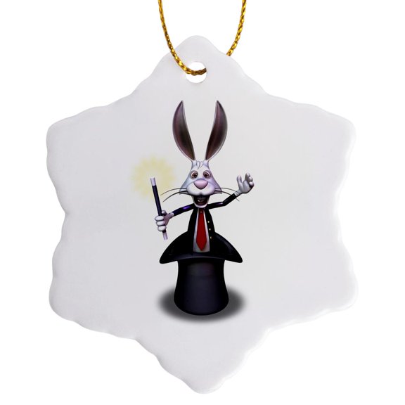 3drose, Cartoon Rabbit Magician, 3 inch Snowflake Porcelain Ornament