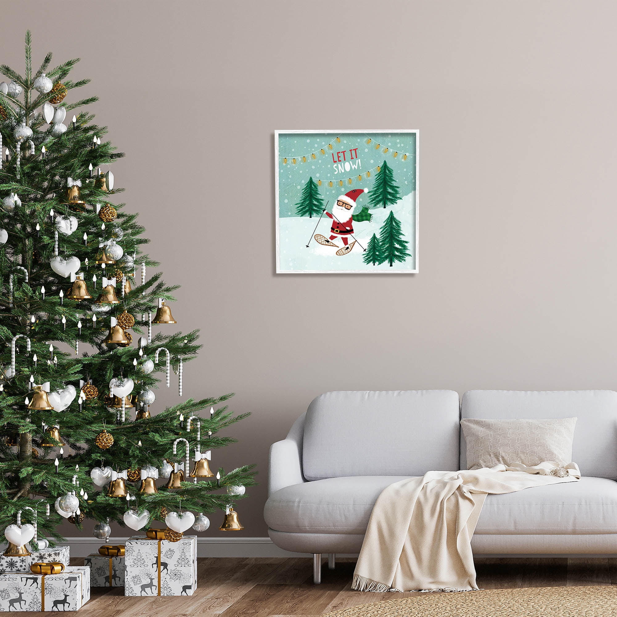 Stupell Industries Let It Snow Santa Snowshoeing Holiday Painting White Framed Art Print Wall Art