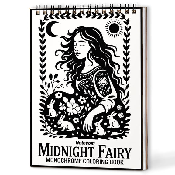 Midnight Fairy Monochrome Coloring Book Spiral Bound for Adults, A5 Wooden Cover, Relaxing One-Color Illustrations with Enchanted Wings, Magical Forests, and Fantasy for Mindfulness