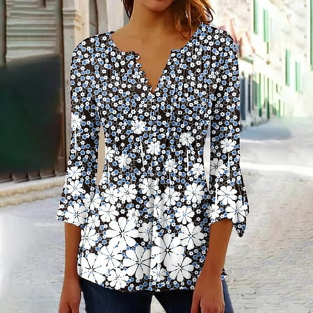 

Kiplyki Wholesale Trendy Women sTrumpet 3/4 Sleeve Printed Buttoned Basic Ruched Corset Tunic Tops Pleated T-shirts Blouses