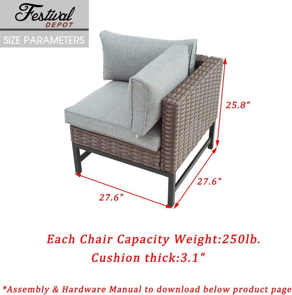 Festival Depot Dining Outdoor Patio Bistro Furniture Armchair with Wicker Rattan Armrest Premium Fabric Comfort & Soft 3.1 Cushions with Metal Slatted Steel Legs for Garden Yard Poolside All-Weather 