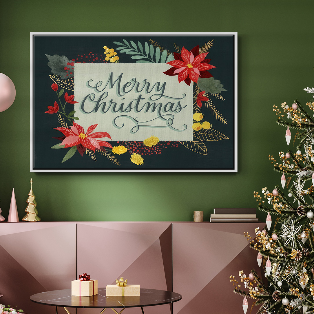 Bright Christmas Night I - Framed Gallery Wrapped Holiday Canvas - 17 x 25 - White Frame
