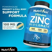 Nutrivein Zinc Gluconate Capsules Vitamin Zinc Supplement - Immunity Support - 120 Capsules
