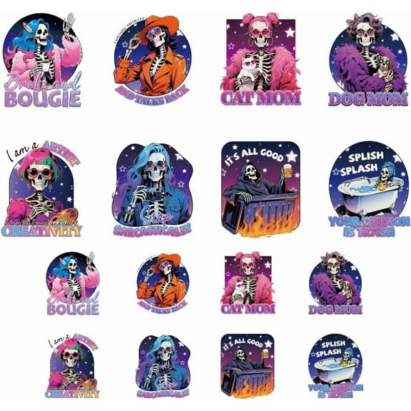 16 Sheets Iron on Transfers for T-Shirts and Death DTF Transfers Ready to Press Washable Iron on Decals for Women Girls Clothing Hat Bag Pillow DIY Crafts for DIY