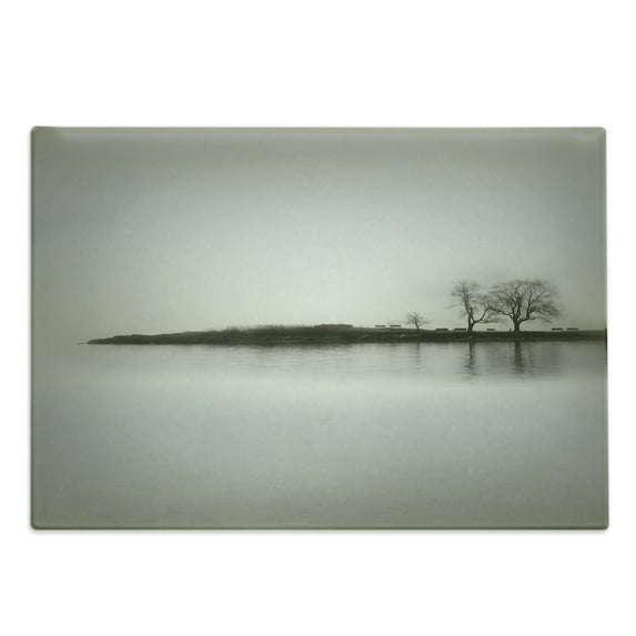 Nature Cutting Board, Landscape Shady Tones with Isolated Trees over Island Calm Fog Blurry Environment Print, Decorative Tempered Glass Cutting and Serving Board, Large Size, Sepia, by Ambesonne