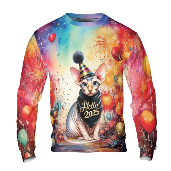 Hello 2025 Sphynx Celebrates Happy New Year Firework Balloon All Over Print 3D Sweatshirt Unisex Merch Cat Lover Kitten Owner Gifts Idea - 02024