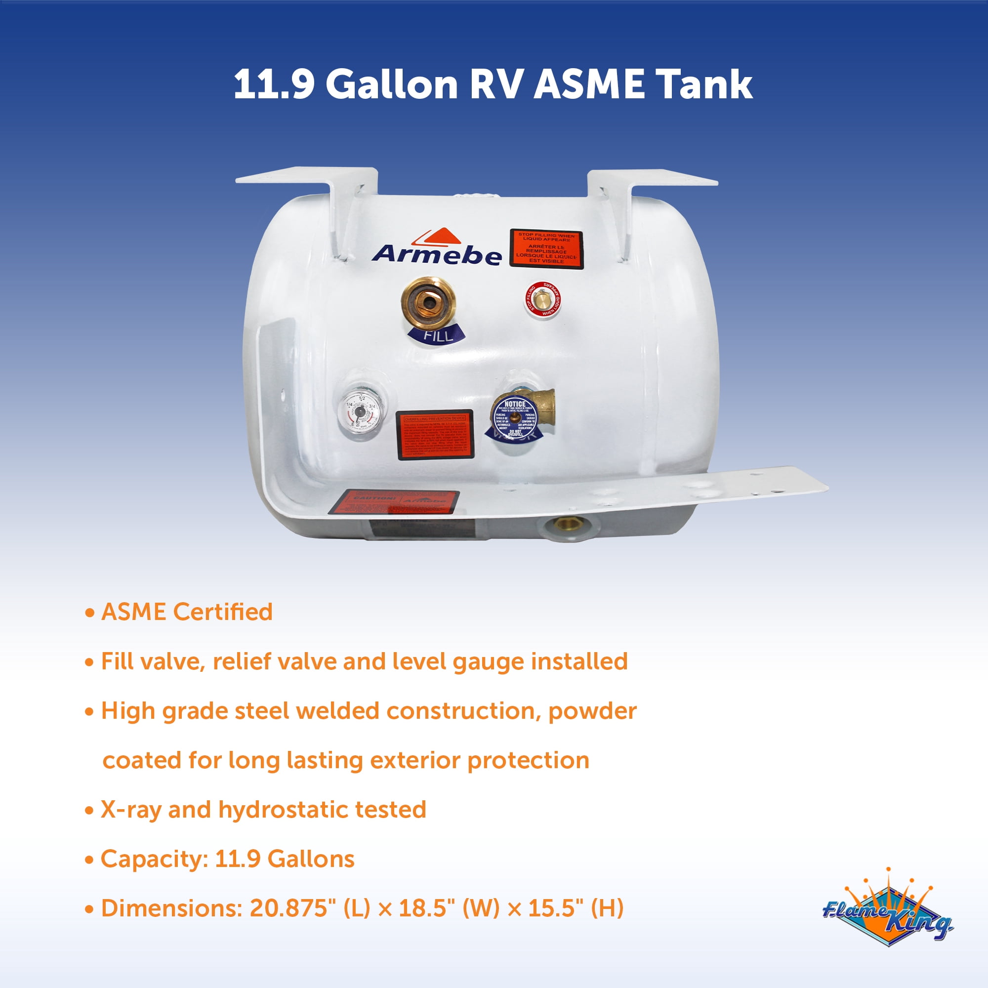 Flame King 11.9 Gallon Horizontal ASME Propane Tank for RV, Van or Trailer